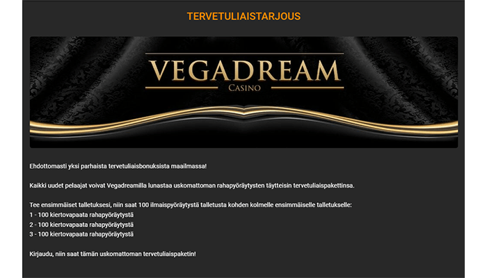 vegadream casino bonukset ja tarjoukset