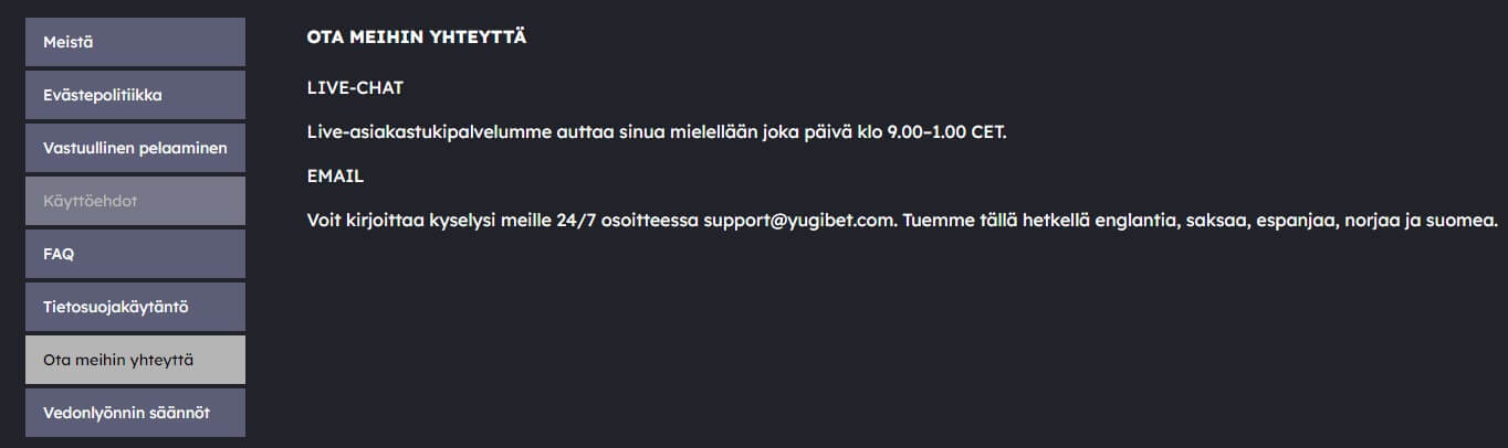 yugibet kasino tuki