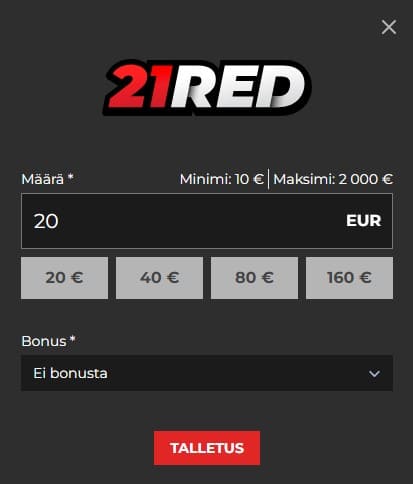 21red kasino tallettaa ja pelata