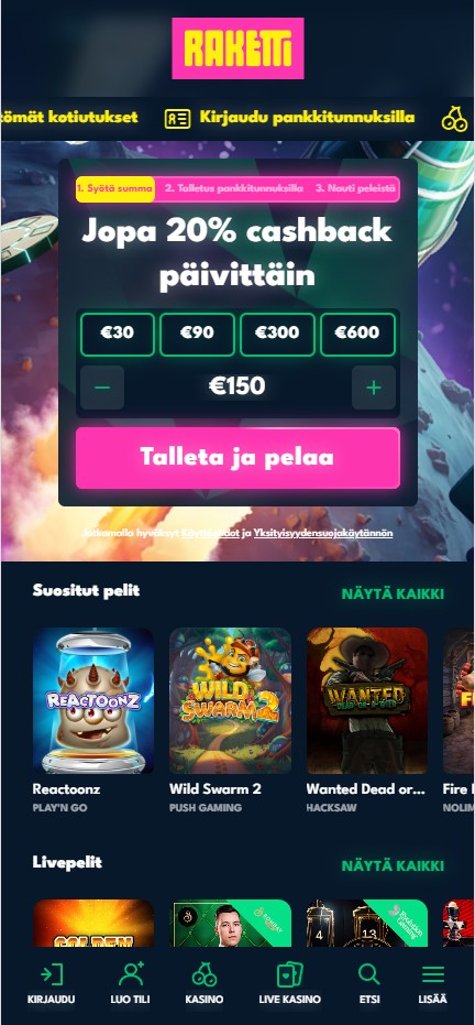 raketti kasino cashback