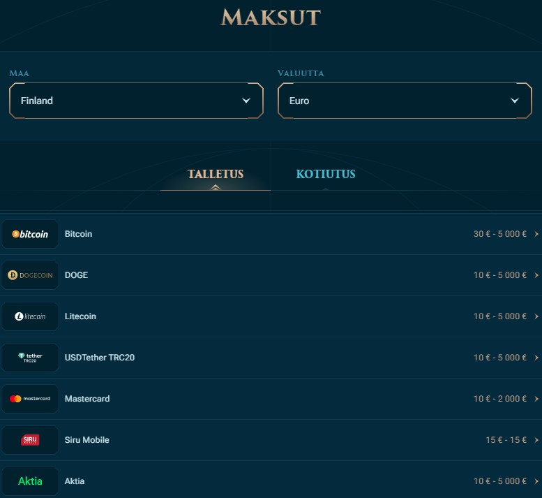 slotuna kasino maksutavat