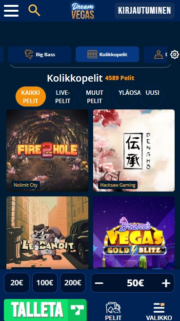 dream vegas Pelivalikoima mobiili kuvakaappaus