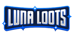 Lunaloots Casino -logo: sininen Luna Loots -teksti kilvessä, ympärillä tähtiä